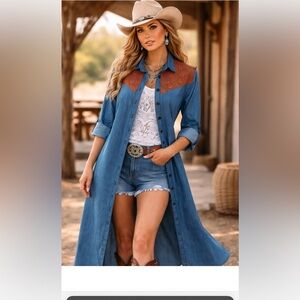 Elegant Blue and Brown Long Sleeve Denim Top